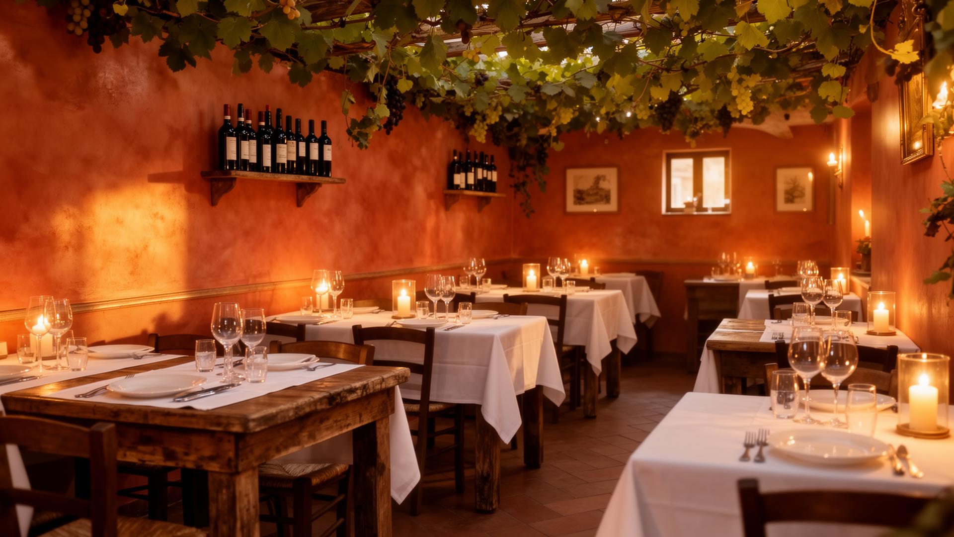 Sala interna della Trattoria Bella Vista al tramonto